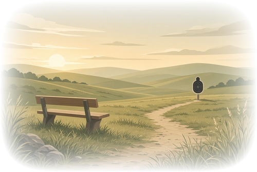 Dirt path through Kansas prairie hills leading to a distant target, with a bench in the foreground